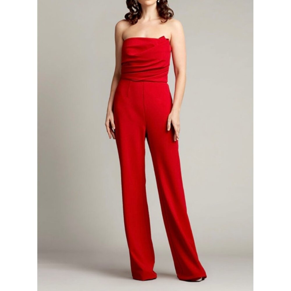 Tadashi Shoji Womens Allen Red Strapless Crepe Jumpsuit Wide Leg size Medium
